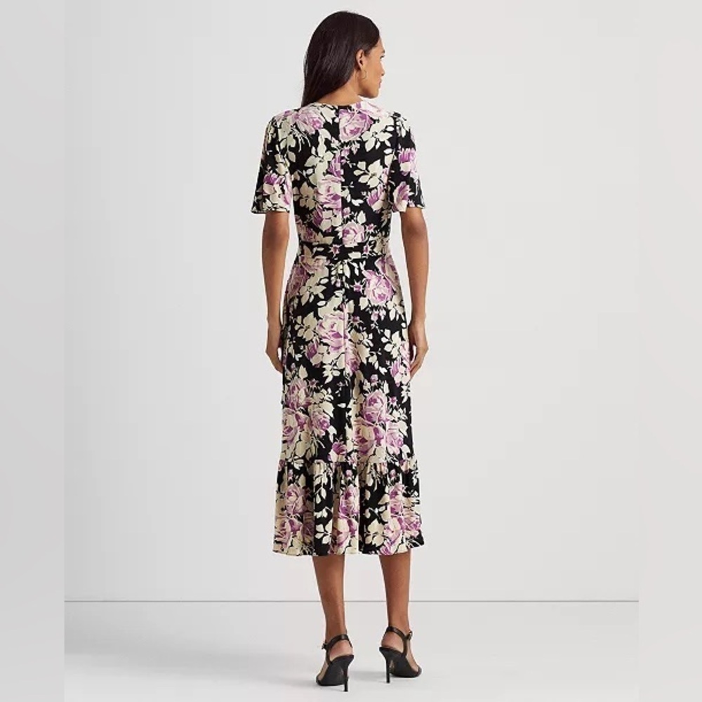 Lauren Ralph Lauren Floral Belted Faux Wrap Purple Cream Black Jersey Dress 4 - Picture 3 of 16